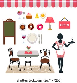 set of vector objects for cafe business with waitress