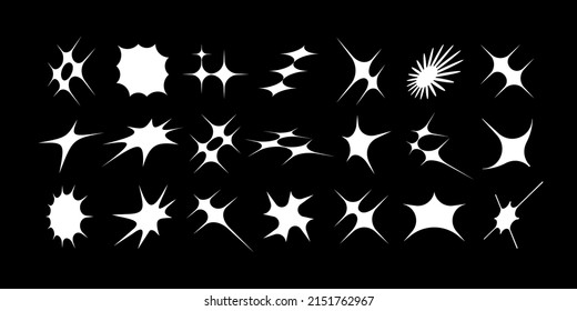 Set of vector objects. Deformed acid shapes of the sun and stars, sunbeams, glare and flares in a modern brutalist style. Subject to the effects of stretching, inflating and perspective.