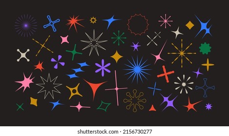 Set of vector objects. Deformed acid shapes of the sun and stars, sunbeams, glare and flares in a modern brutalist style. Subject to the effects of stretching, inflating and perspective.