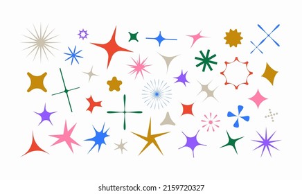 Set of vector objects. Deformed acid shapes of the sun and stars, sunbeams, glare and flares in a modern brutalist style. Subject to the effects of stretching, inflating and perspective.