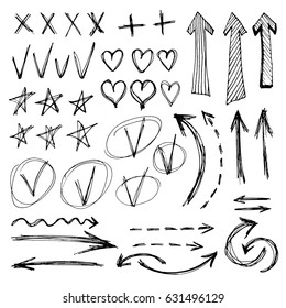 Set of vector objects for design. Hand-drawn arrows, hearts, ticks, crosses, pluses, stars in a single style.