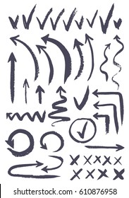 Set of vector objects for design on a white background. Abstract hand-drawn different arrows, crosses, check marks in a single style.