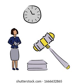 Set of vector objects in a flat style. Woman in a business suit, a judicial hammer and a watch.