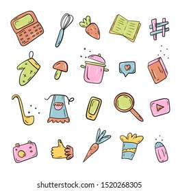 Set of vector objects of food blog, cooking vlog - Kitchenware, gadget, social media icon - Hand drawn cartoon illustration isolated on white