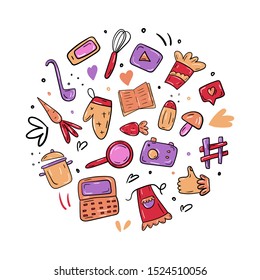 Set of vector objects of food blog, cooking vlog - Kitchenware, gadget, social media icon - Hand drawn cartoon illustration - Circle badge with isolated elements