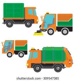 Set of vector objects of the four machines. Garbage truck, van, mini truck, sweeper.