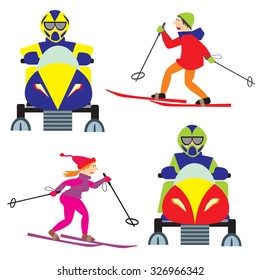 Set of vector objects funny sportsmen. Skiers and people on snowmobiles