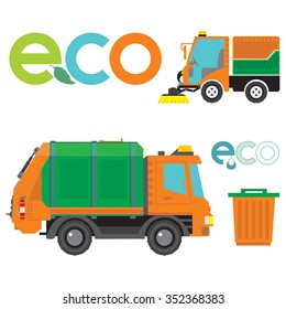 Set of vector objects garbage truck, sweeper, garbage can and logos labeled "bio"