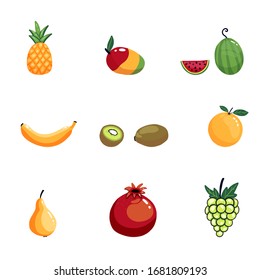Set of vector objects  of hand drawn vector fruits isolated on white background.Healthy vegan food. Flat cartoon illustration. 