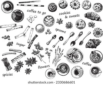 Set of vector objects, hand drawn pictures of coffee drinks, mugs, pastries, spicies, sugar and flowers