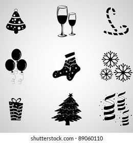 A set of vector objects having jingle bell, wine glass, stick. balloons, socks, snowflakes, gift, tree & ribbon in black & white color for Christmas, new year & winter.