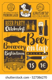 set of vector objects and inscriptions on beer theme for the design of the pub and brewery