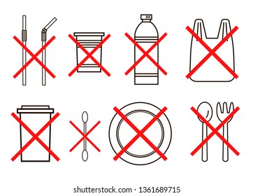 Set of vector objects made of plastic such as disposable plastic plate, cup, cocktail tubes, fork, package, spoon, cotton swab, crossed out with a red cross. 