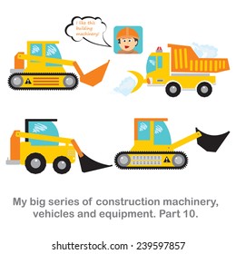 Set of vector objects from my big series of vehicles and construction equipment. Bulldozers, loaders, dump snow and male construction worker.
