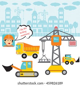 Set of vector objects from my big series of vehicles and construction equipment. Bulldozer, loader, dumper, crane, construction worker and border with image a cityscape.