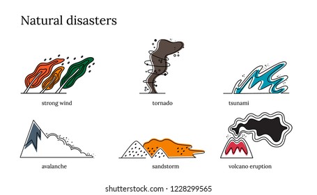 A set of vector objects. Natural disaster. Flood, tornado, strong wind, sandstorm, tsunami volcano eruption