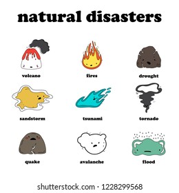 A set of vector objects. Natural disaster. Flood, tornado, strong wind, sandstorm, tsunami volcano eruption