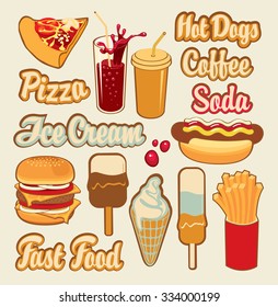 set of vector objects on the theme of fast food, ice cream and drinks