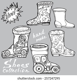 Set of vector objects painted hands black and white sketches of different gumboots.