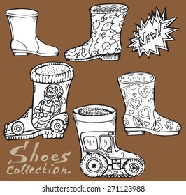 Set of vector objects painted hands black and white sketches of different gumboots in brown background.