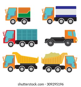 Set of vector objects of the six machines. Lorry, van, mini truck, dumpers.