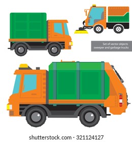 Set of vector objects. Special equipment. Dump truck and sweeper