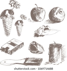 A set of vector objects in the style of a pencil sketch: ice cream in a waffle Cup with an umbrella, a pack of cigarettes, sea shells, apples, a candle, a paint brush.