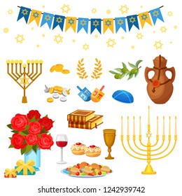 Set of vector objects traditional Jewish holiday Hanukkah, holiday sanctification lights. Burning candles, prayer books, money, laurel wreaths, olive, sweets, gifts. Jewish candle festival Hanukkah.