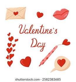 Set of Vector objects for Valentine's Day. Color image of love letter with pen, lips and hearts. Declaration of love. Elements for wedding and Valentine's Day, isolated on white background