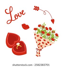 Set of Vector objects for Valentine's Day. Color image of bouquet of flowers and ring in box. Declaration of love. Proposal. Elements for wedding and Valentine's Day, isolated on white background