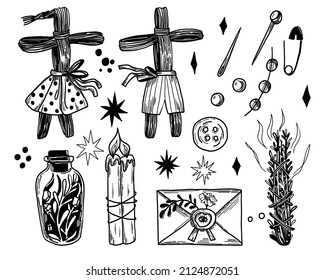 A set of vector occult elements. A magic set for sorceresses. Hand-drawn dolls, buttons, needles, candles, herbs, glass bottle, envelope, stars, dots.