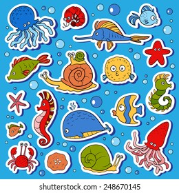 Set of vector ocean animals, stickers of fish 