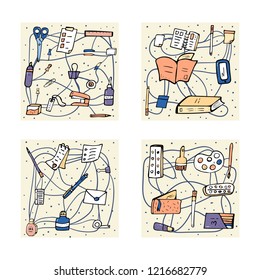 Set of vector office supplies. Collection of stationery in doodle style. four square badges with school things.