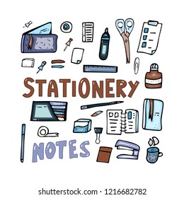 Set of vector office supplies. Collection of stationery in doodle style. School equipment isolated on white background.