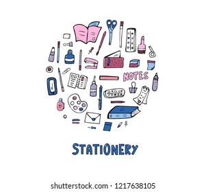 Set of vector office supplies. Collection of stationery in doodle style. Round badge of school tools.