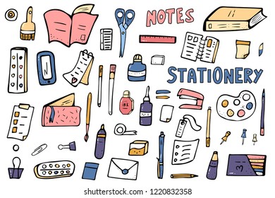 Set of vector office supplies. Collection of stationery in doodle style. School items isolated on white background.