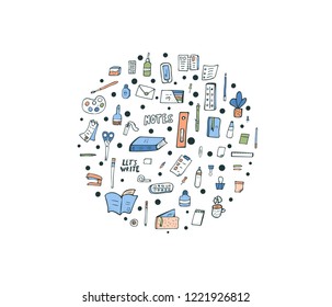 Set of vector office supplies. Collection of stationery in doodle style. Round composition with school tools.