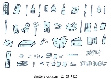 Set of vector office supplies. Collection of stationery in doodle style. School tools isoalted on white background.