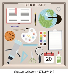 A set of vector office supplies, school and office attributes. Flat design of insulated pencils, pens, rulers, backpack, globe, paints, palettes, brushes, books, notebooks, compasses, telescope