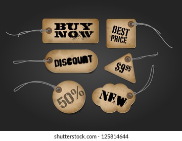 A set of vector old cardboard paper rusty textured price tags