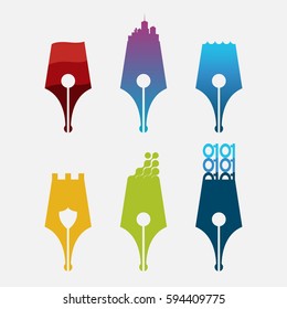 Set of vector old logo ink pens represent different environments and spheres of life and activities of people