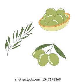 Set of vector olives. Delicious green olives in a plate.