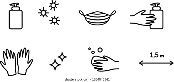 set of vector one line icons depicting simple rules for coronavirus