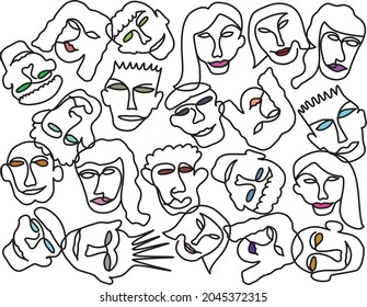 Set of vector one line men and women faces painting isolated on white background