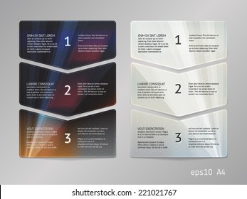Set of vector one - two - three progress/process steps. Bright neutral gray metal theme and warm deep space background with lightbeam flare and point grid. Round corners. Vertical layout.