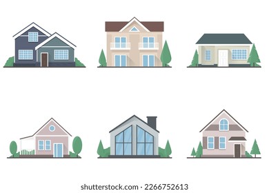 Set of vector one-storey and two-storey isolated flat private houses on a white background with trees