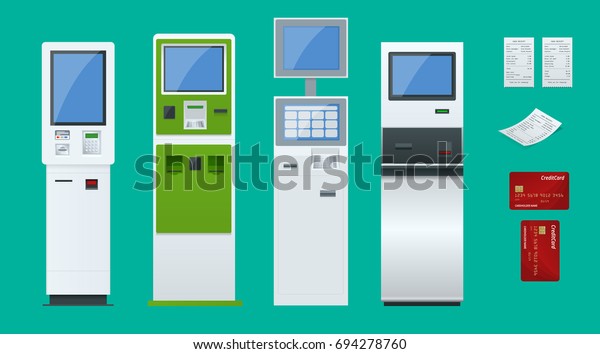 Set vector online payment\
systems and self-service payments-terminals debit credit card and\
cash receipt. Digital touchscreen, interactive kiosk\
concept