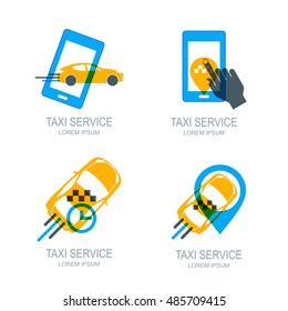 Set of vector online taxi service logo, icons and symbol. Human hand with mobile phone. Taxi app concept. Taxi cab location point. Call taxi via smartphone.