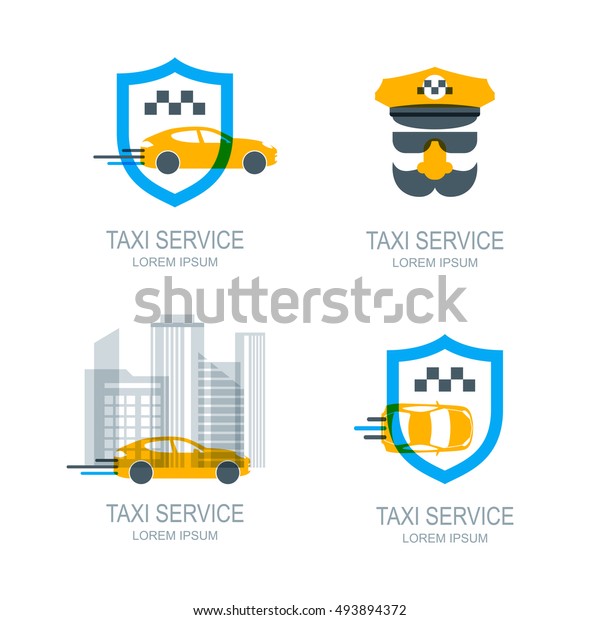 Set of vector online taxi service logo, icons and\
symbol. Yellow taxi car, shield and city buildings. Taxi app\
concept. Taxi cab location\
point.
