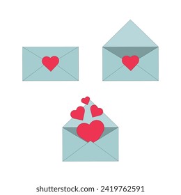 A set of vector open and closed envelopes with hearts.